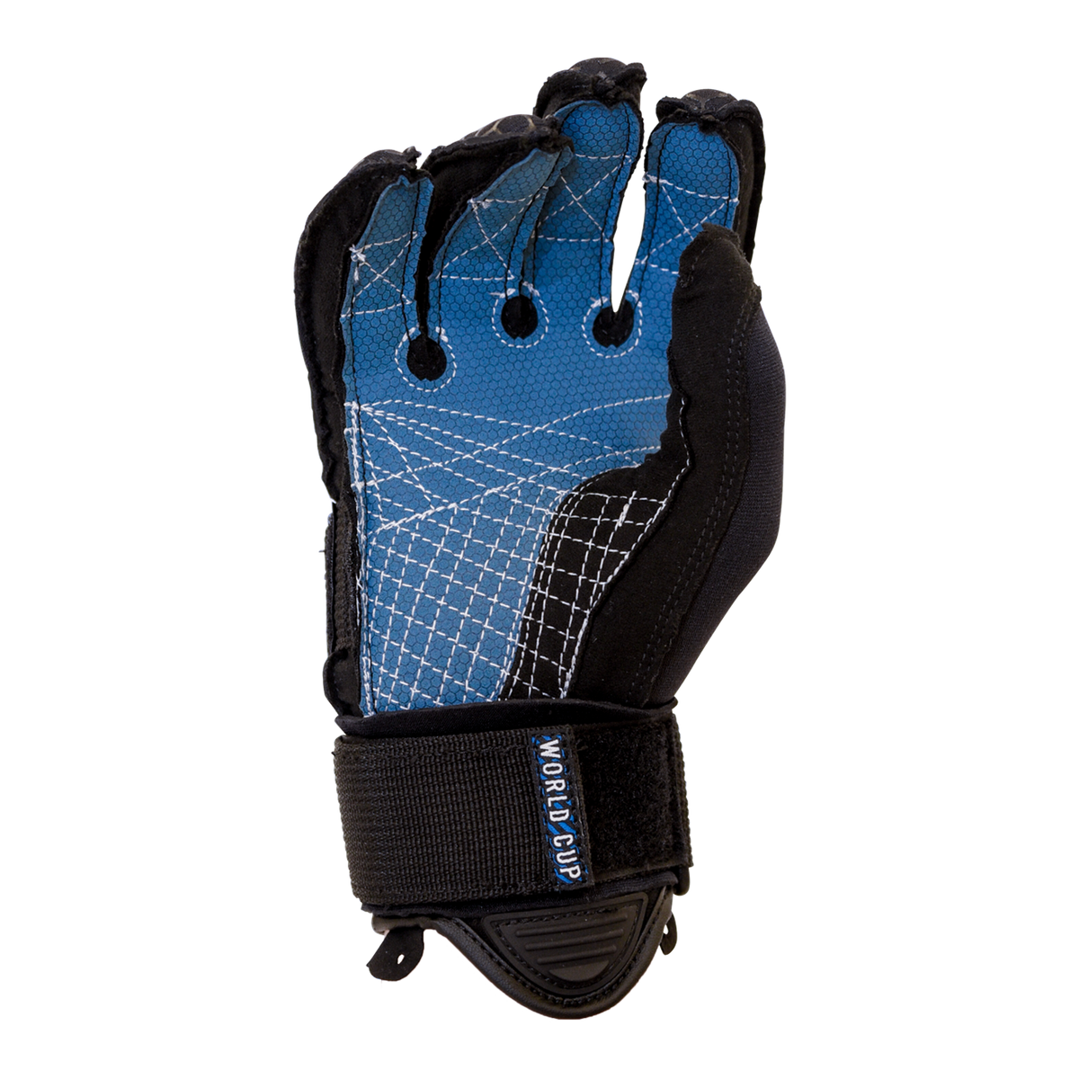 Palm view of Men's World Cup Glove in blue and black with white stitching, open fingers, and an adjustable wrist strap.
