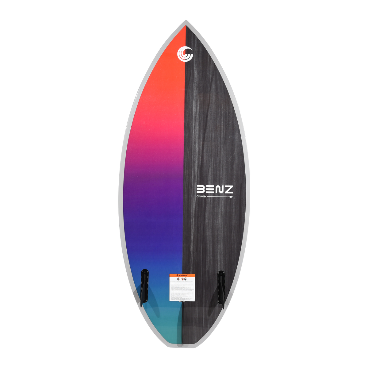 Bottom view of Benz wakesurf board with red-to-blue gradient design and twin fin setup.