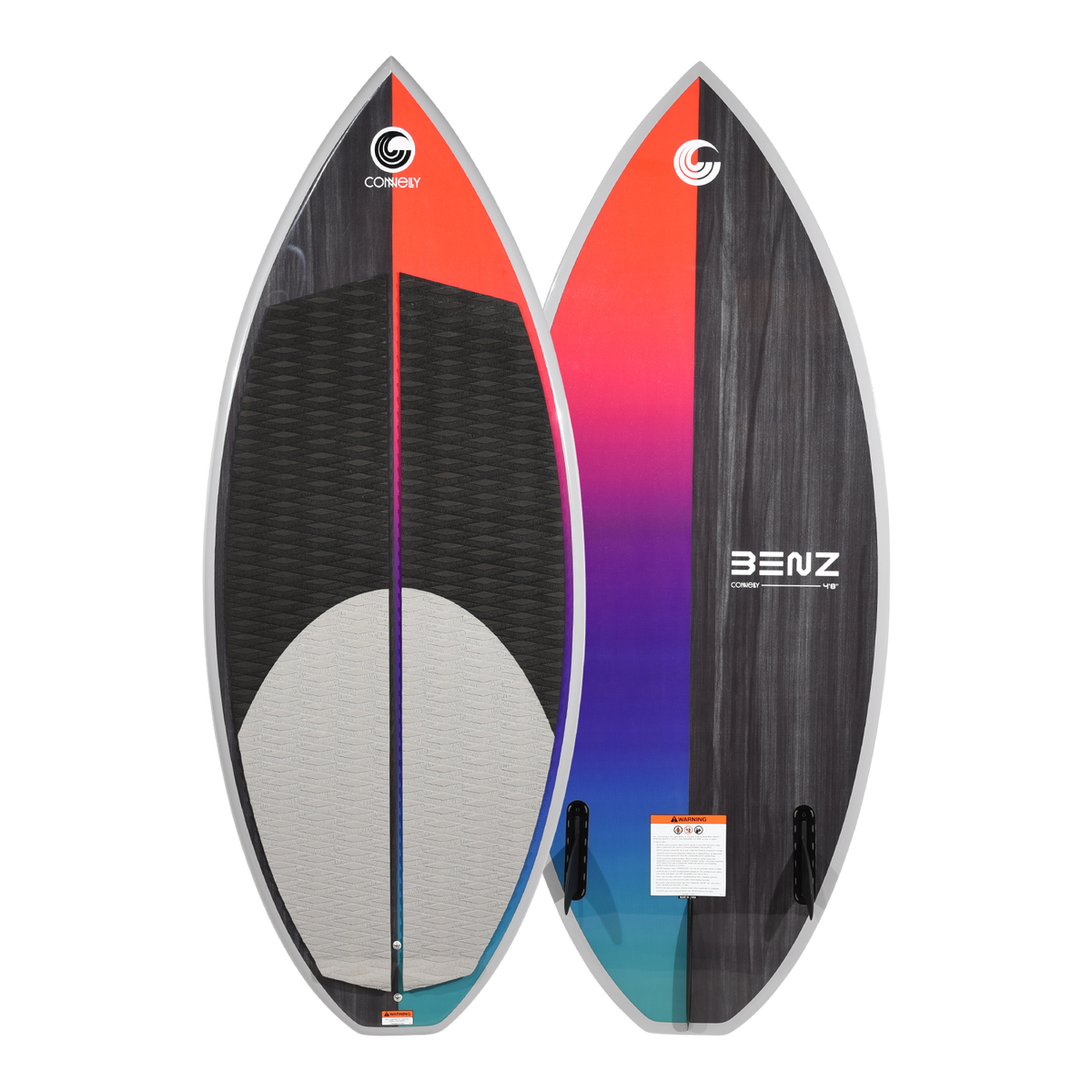 Front and back view of Benz wakesurf board with red-to-purple fade and black traction pads.