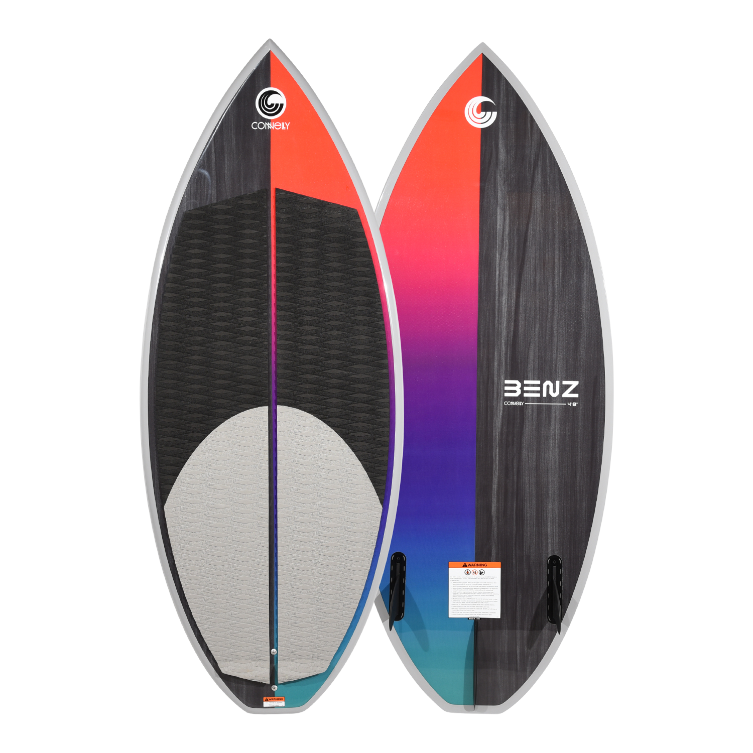 Front and back view of Benz wakesurf board with red-to-purple fade and black traction pads.