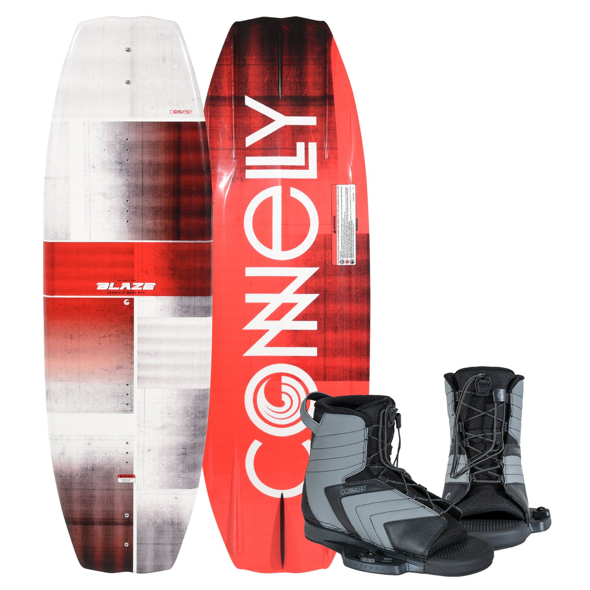 Top and bottom view of Blaze 141 wakeboard in red and gray with black and gray Optima bindings.
