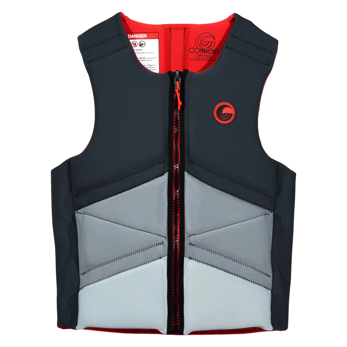 Front view of Choice Neo vest in black and gray with red zipper and circular chest logo.