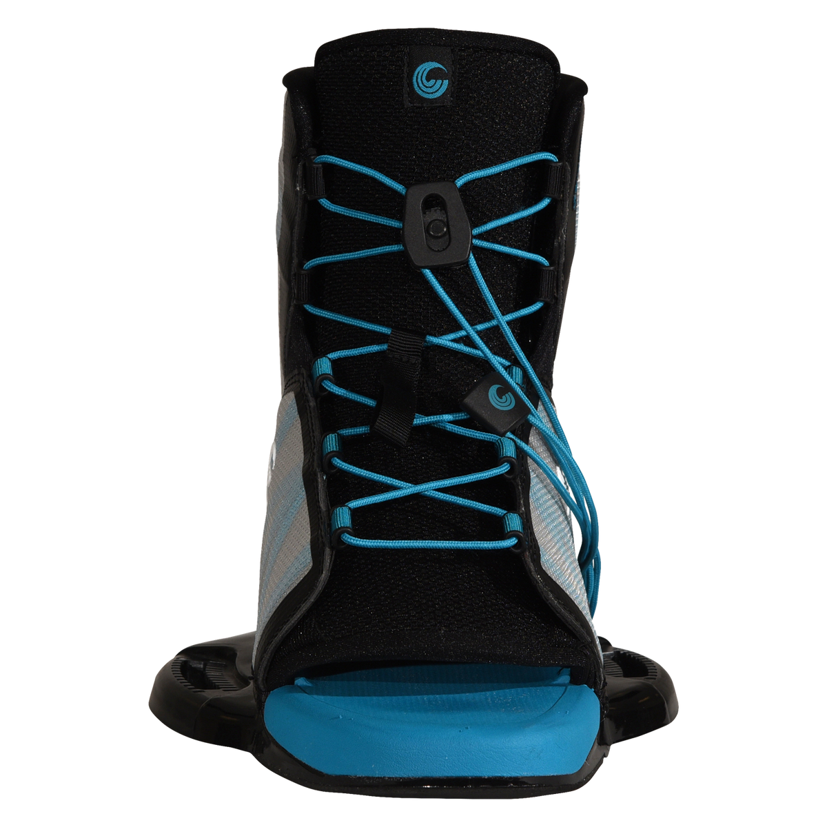 Front view of Empire binding with blue laces and open toe footbed.