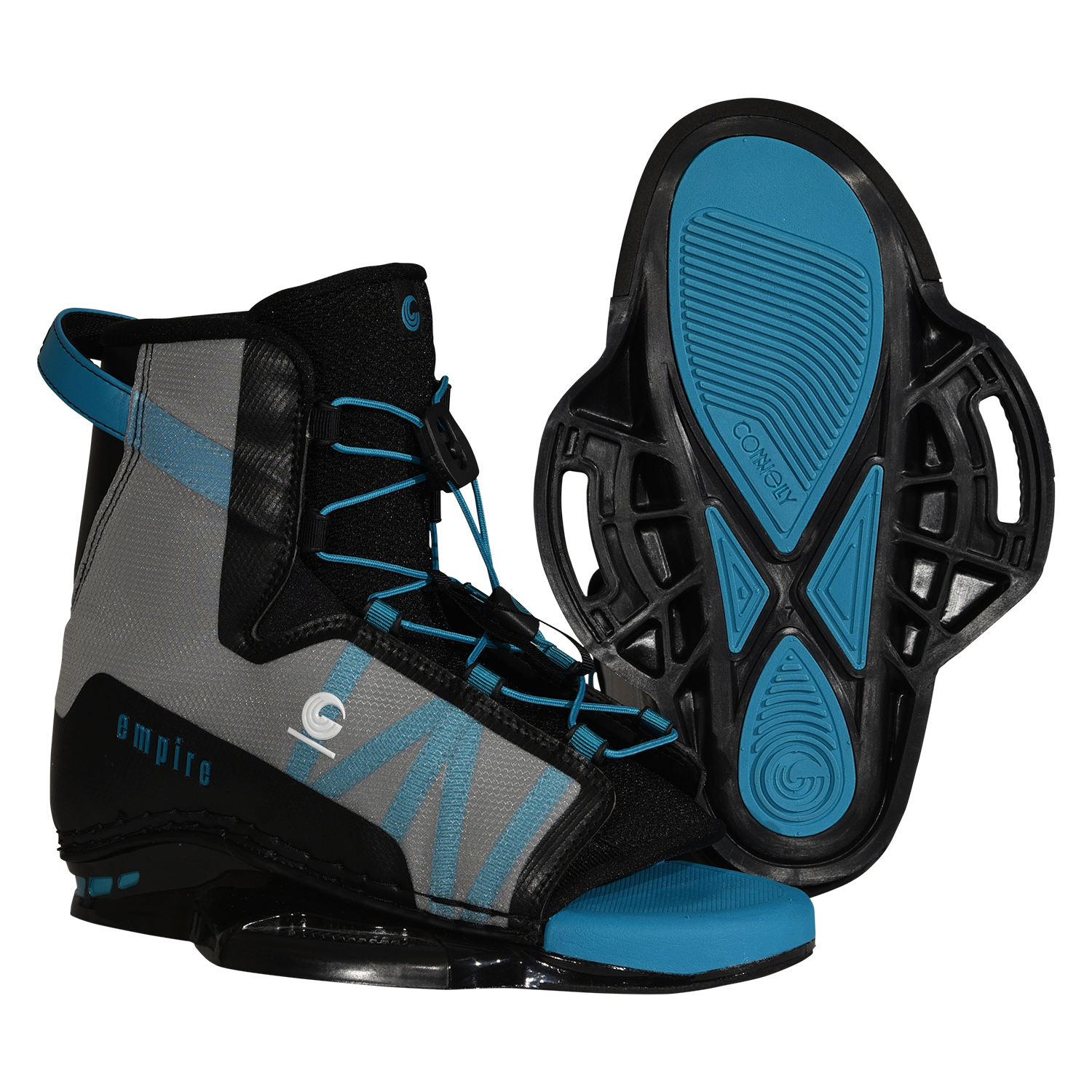 Angled and baseplate view of Empire binding showing gray, black, and blue design with open toe.