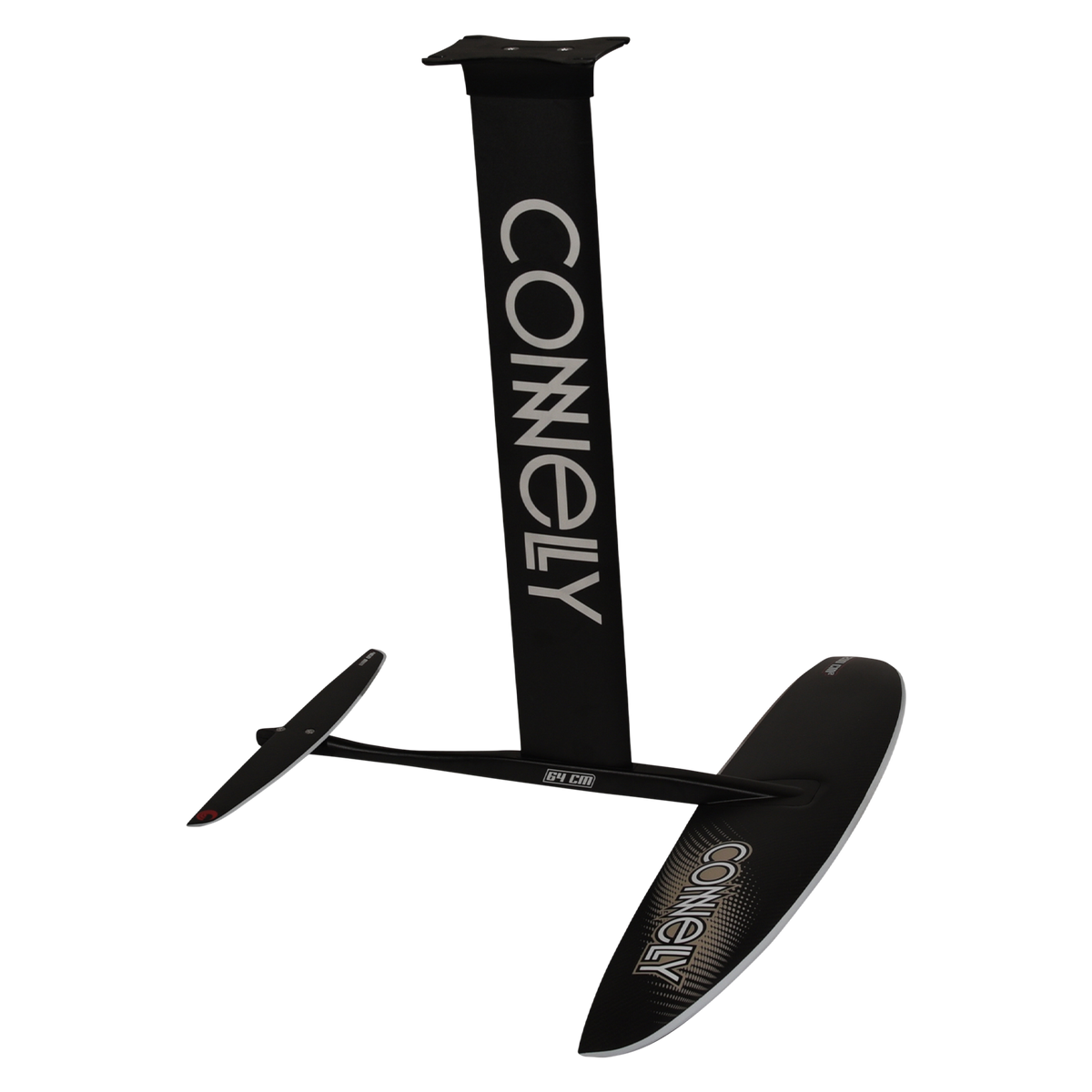 Angled view of black foil assembly with large front and rear wings and Connelly branding on mast.