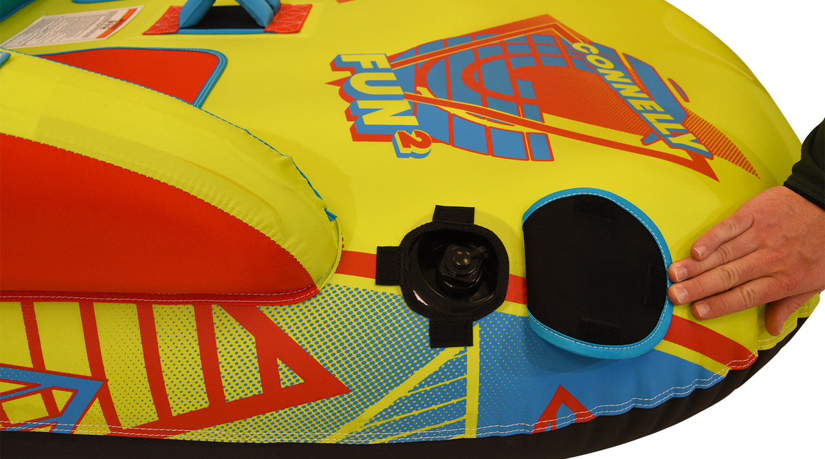 Close-up of Fun 2 valve area with yellow and blue cover partially lifted.