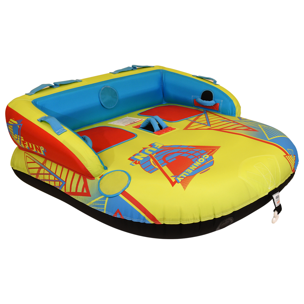 Angled front view of Fun 2 towable tube with backrest and colorful graphics.