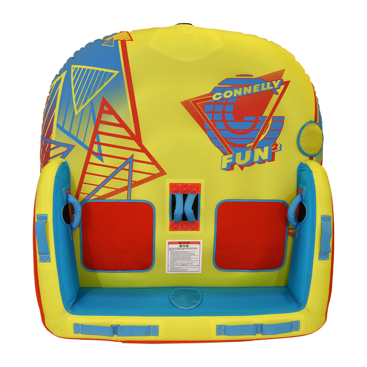 Top view of Fun 2 towable tube showing yellow, red, and blue design with handles.