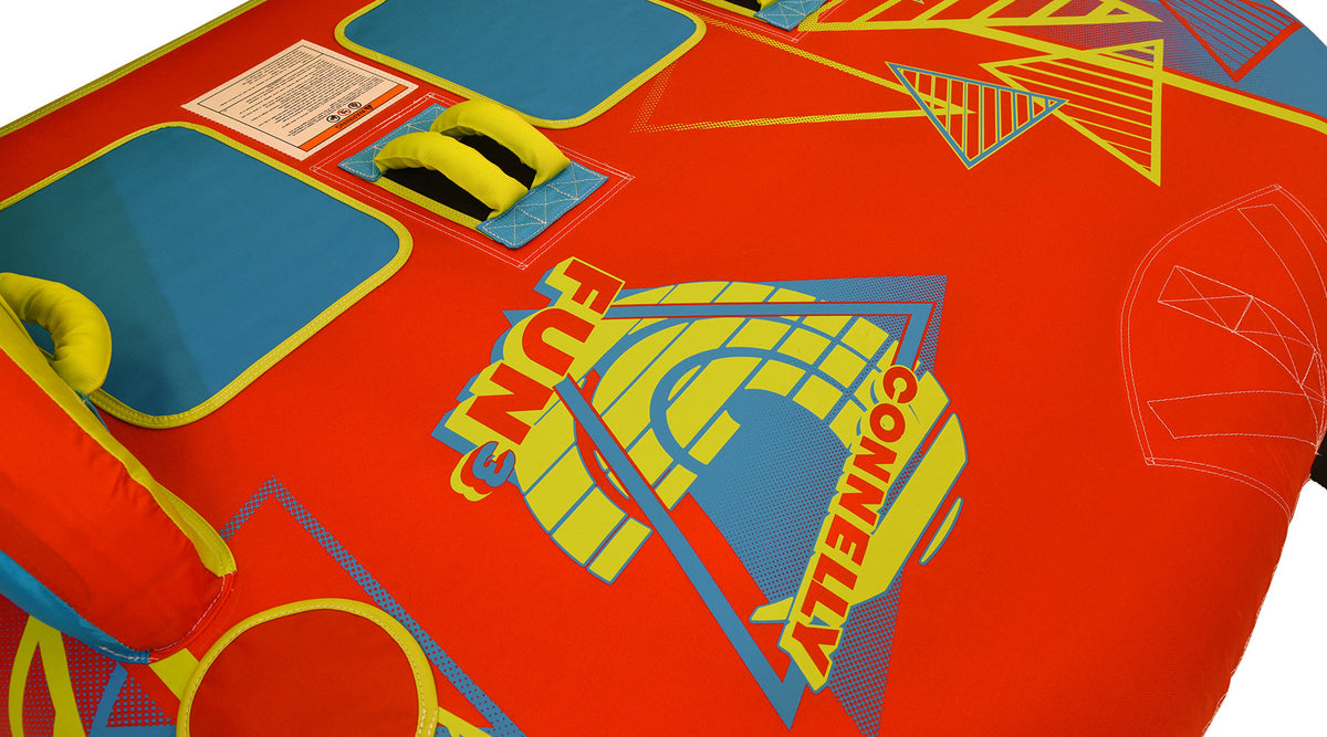 Close-up of Fun 3 surface showing logo design and padded seating area.