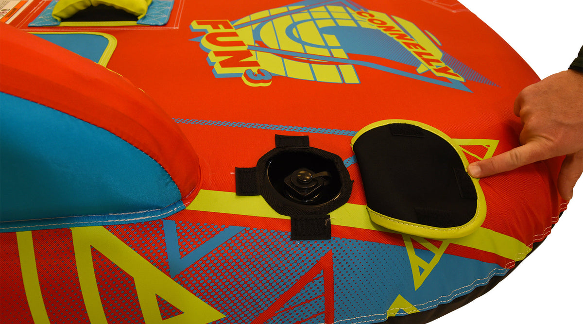 Close-up of Fun 3 valve cover and inflation port with yellow trim.