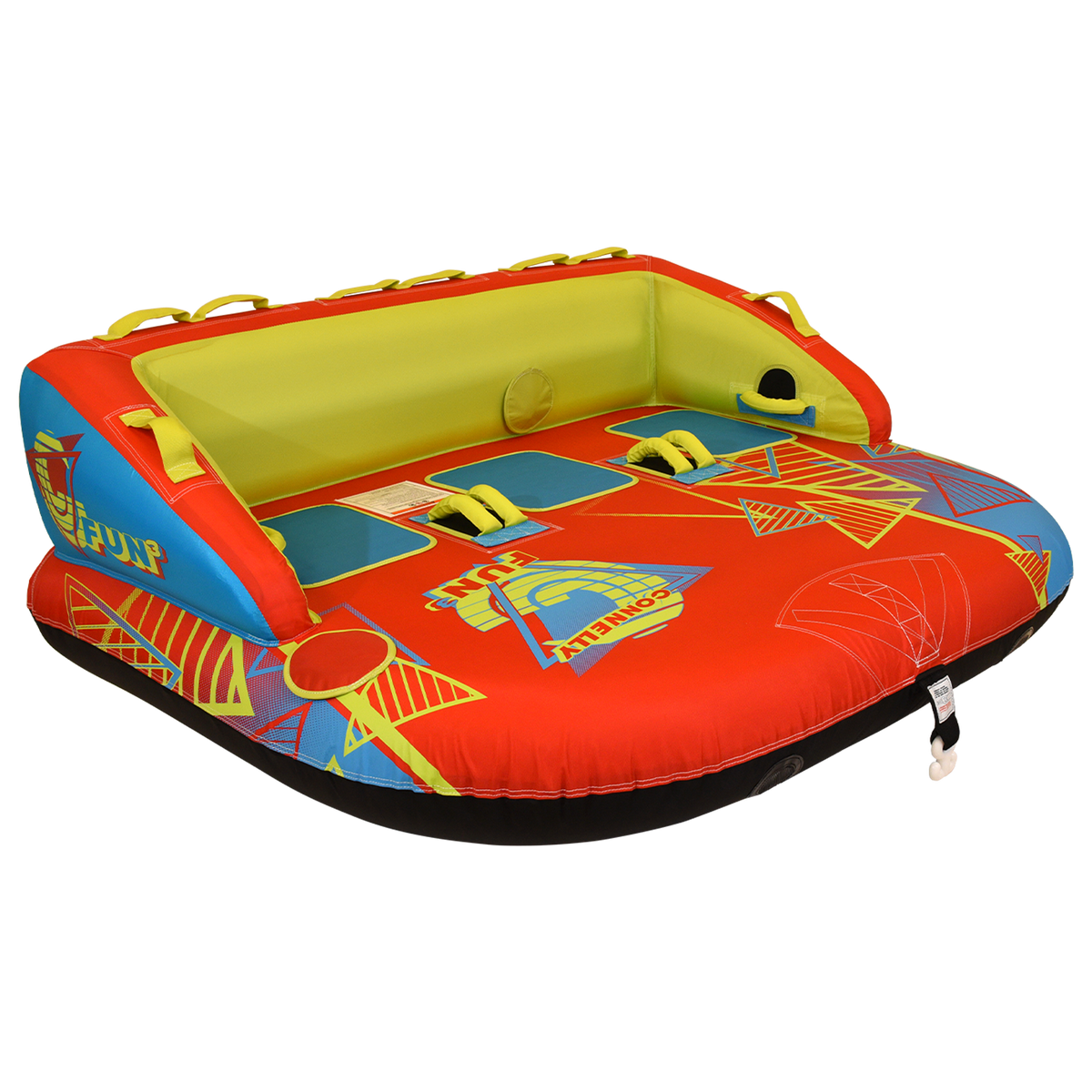 Angled front view of Fun 3 towable tube with yellow backrest and bold graphics.