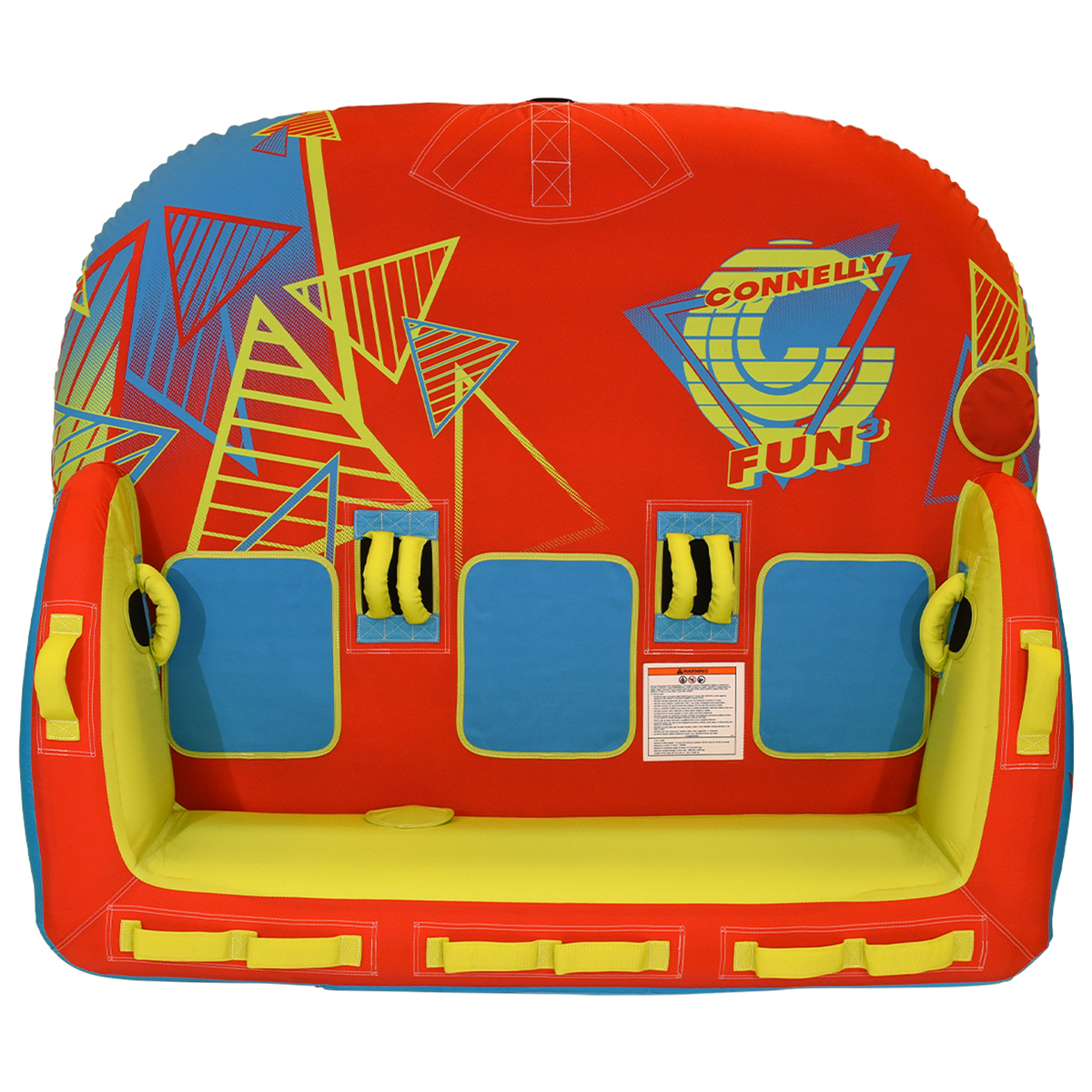 Top view of Fun 3 towable tube showing red, yellow, and blue design with three seats.