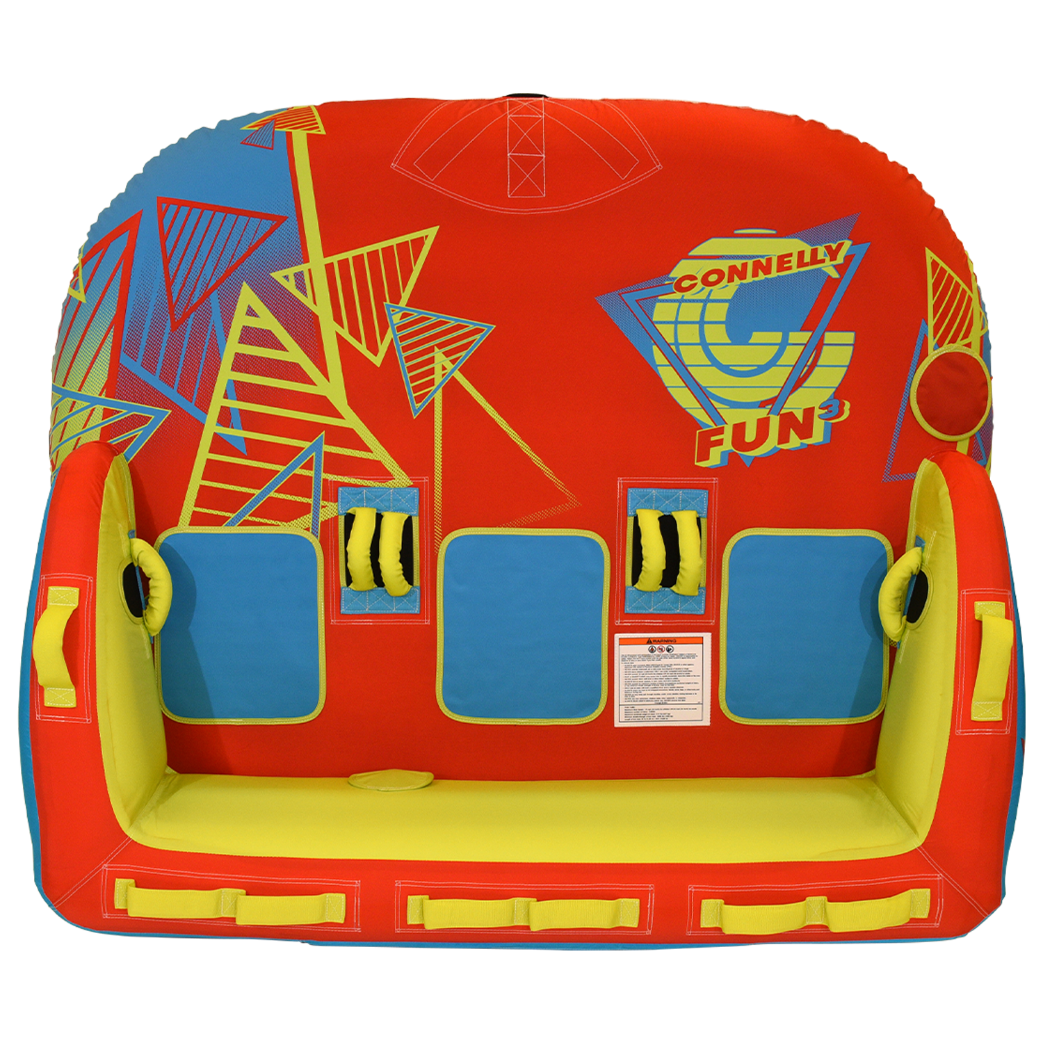 Top view of Fun 3 towable tube showing red, yellow, and blue design with three seats.