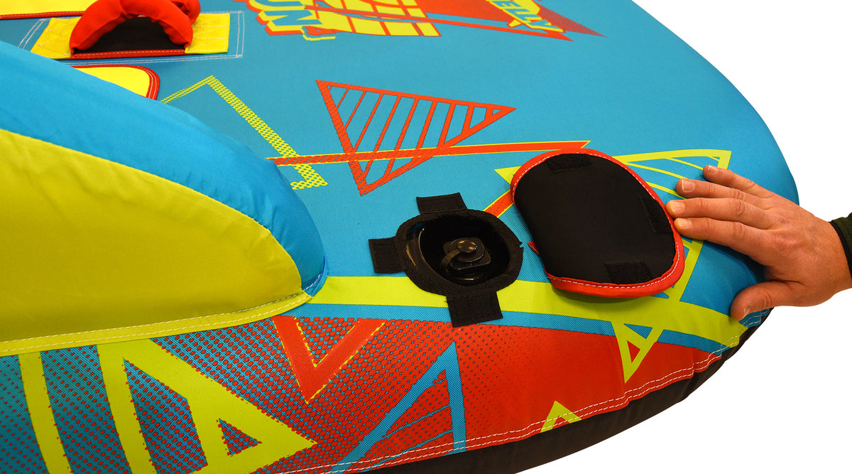 Detail of Fun 4 valve and black inflation port with red-edged cover.