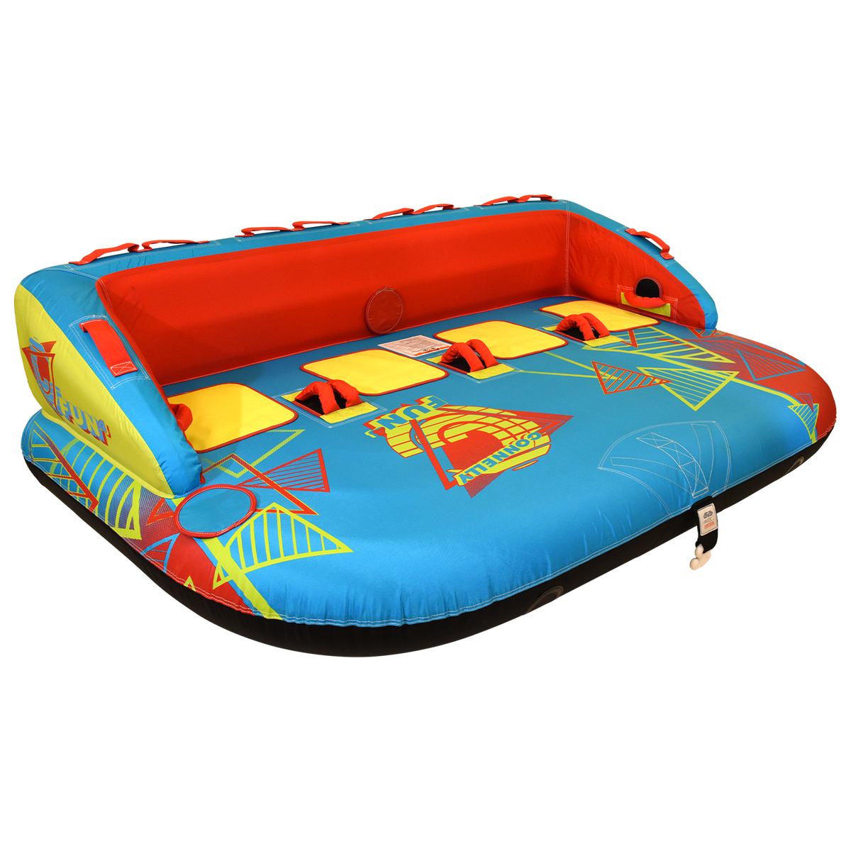 Angled front view of Fun 4 towable tube with red backrest and bright graphics.