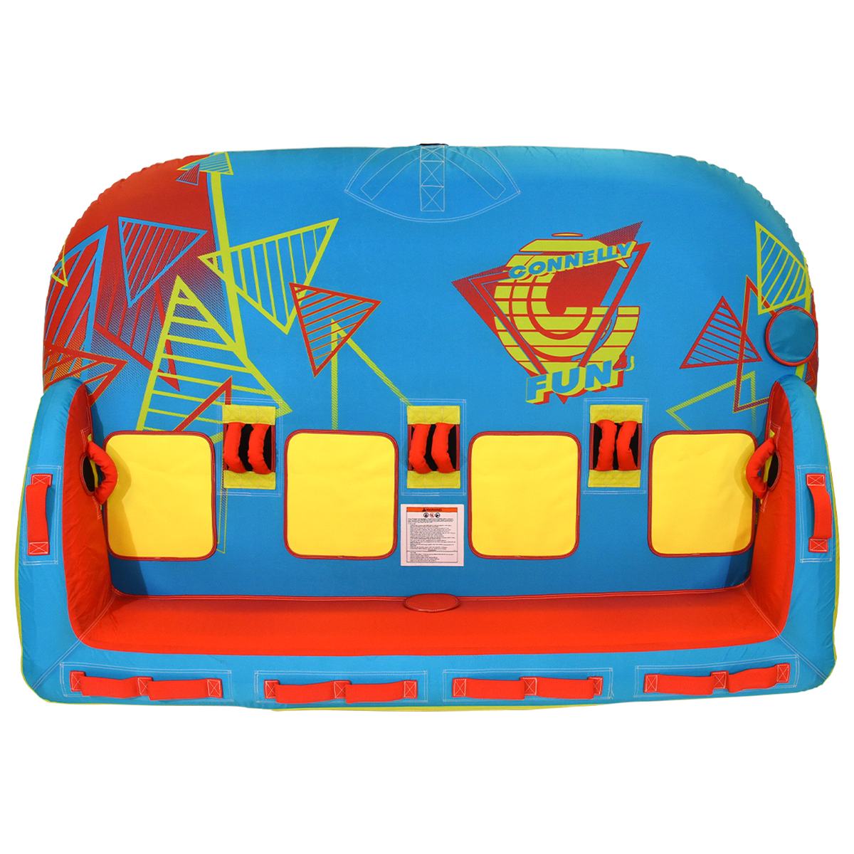 Top view of Fun 4 towable tube showing blue, yellow, and red design with four seats.