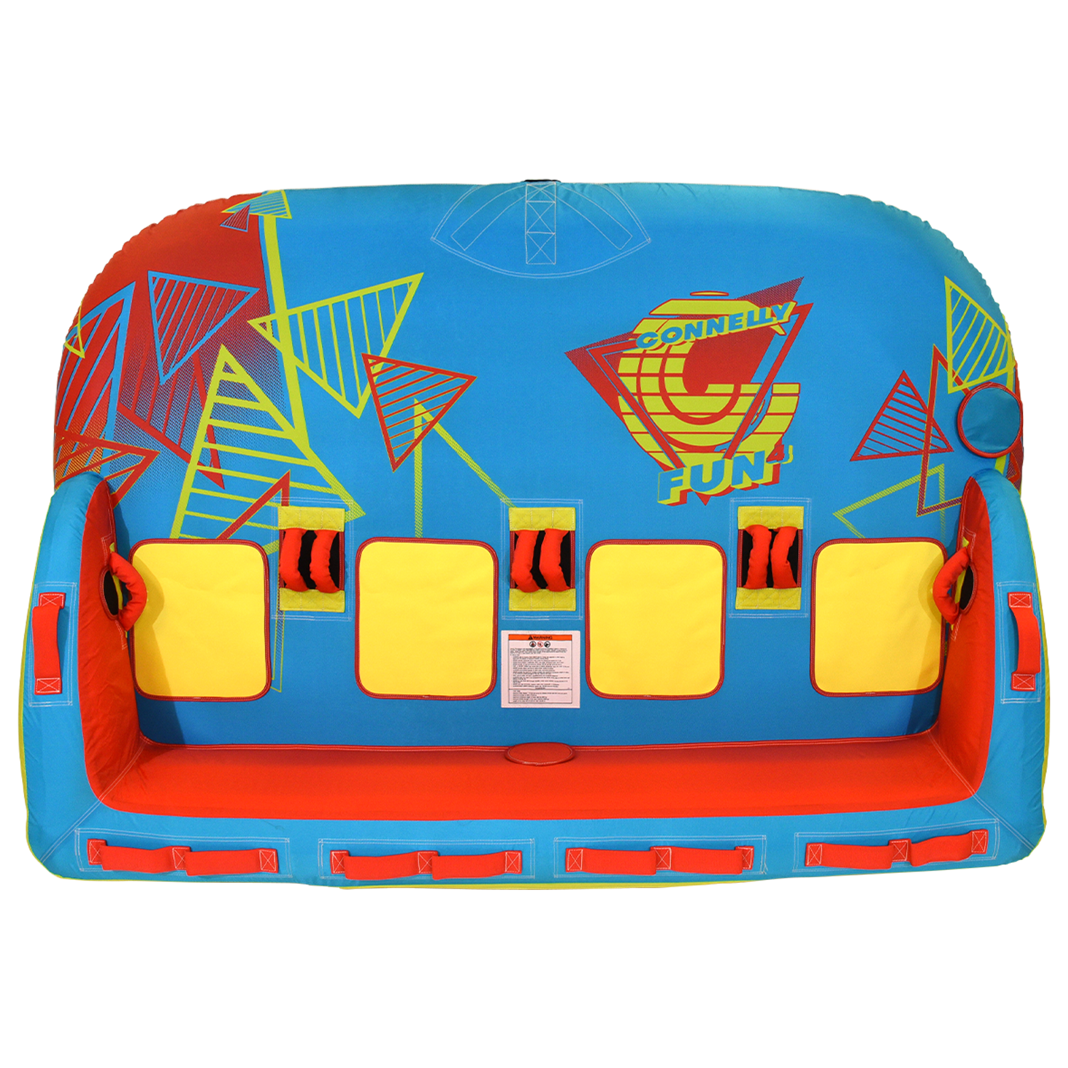 Top view of Fun 4 towable tube showing blue, yellow, and red design with four seats.