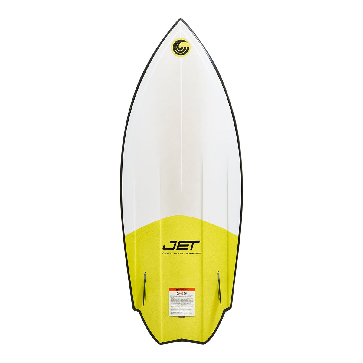 Bottom view of Jet wakesurf board showing yellow tail section and twin fin setup.