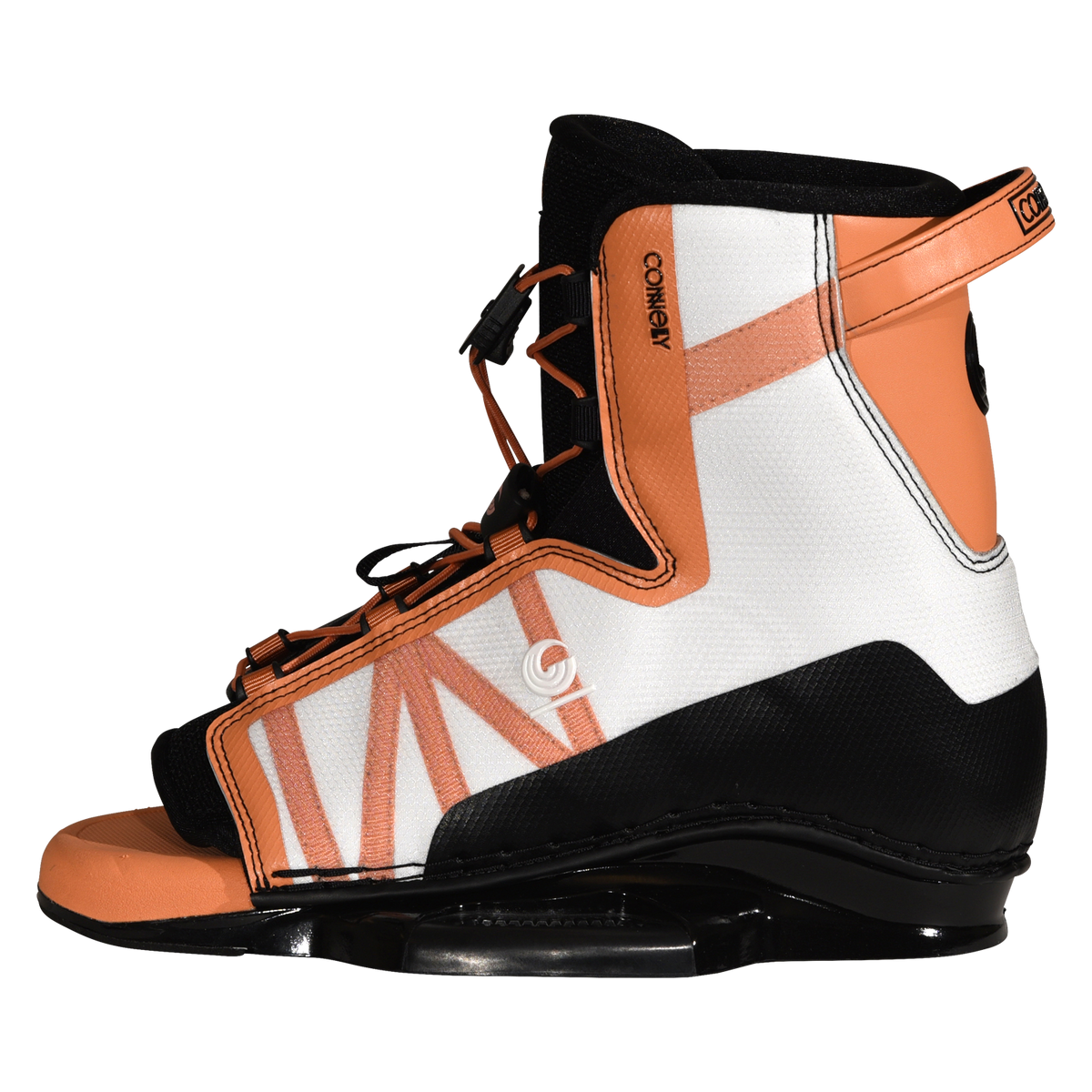 Side view of Karma binding with orange and white panels and black base.