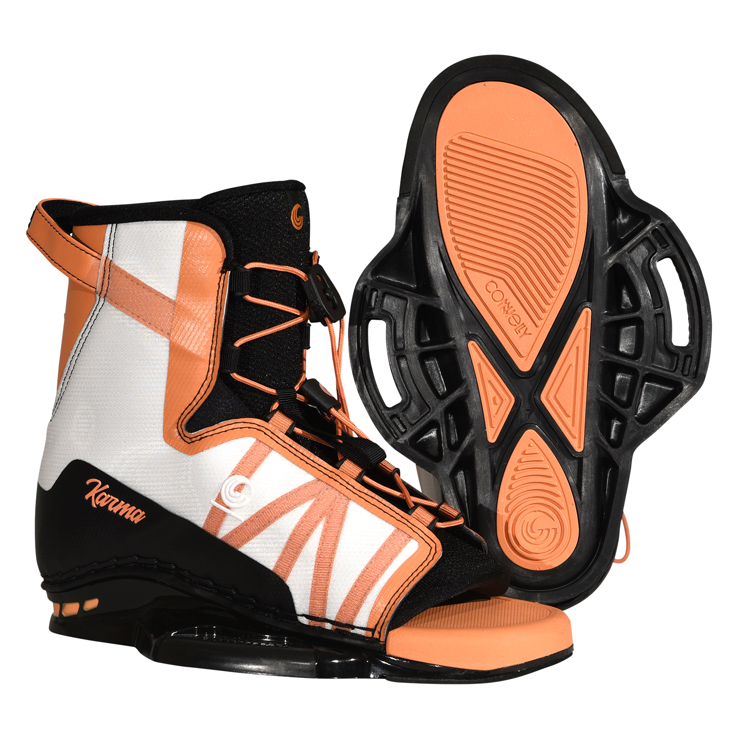 Angled side and base view of Karma binding showing orange sole and tread pattern.