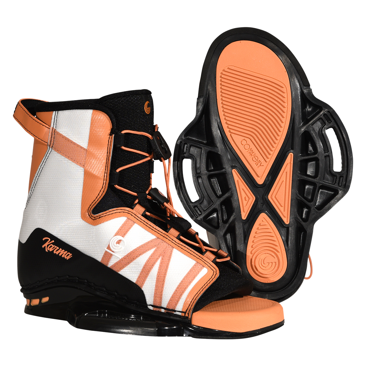 Angled side and base view of Karma binding showing orange sole and tread pattern.