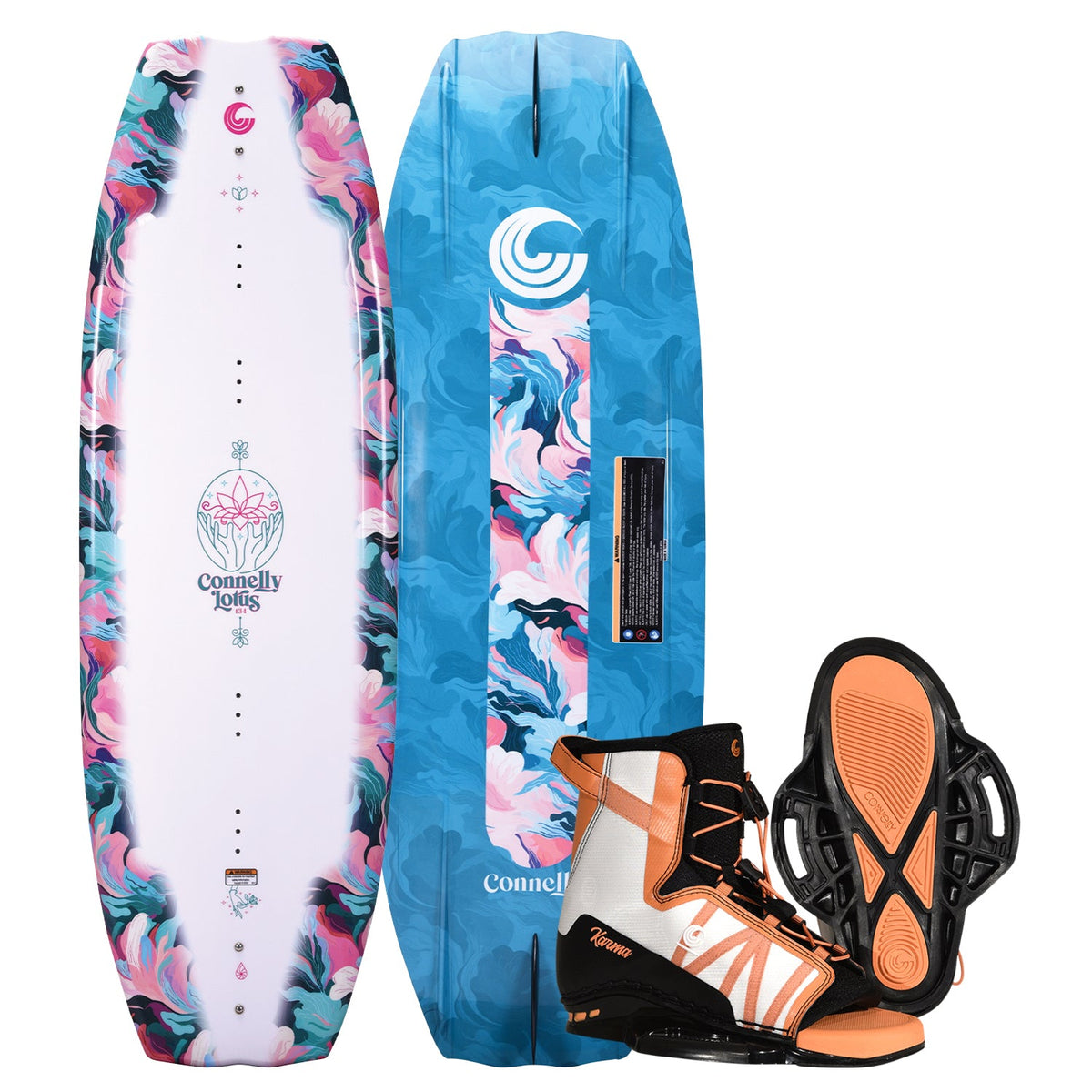 Top and bottom view of Lotus wakeboard in blue and pink pattern with orange and white Karma bindings.