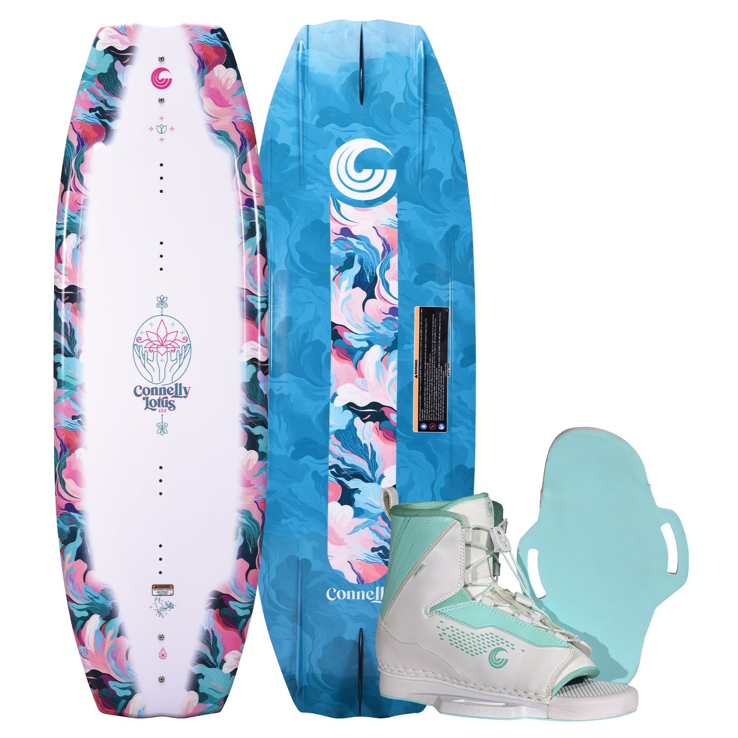 Top and bottom view of Lotus wakeboard in blue and pink pattern with mint and white Optima bindings.