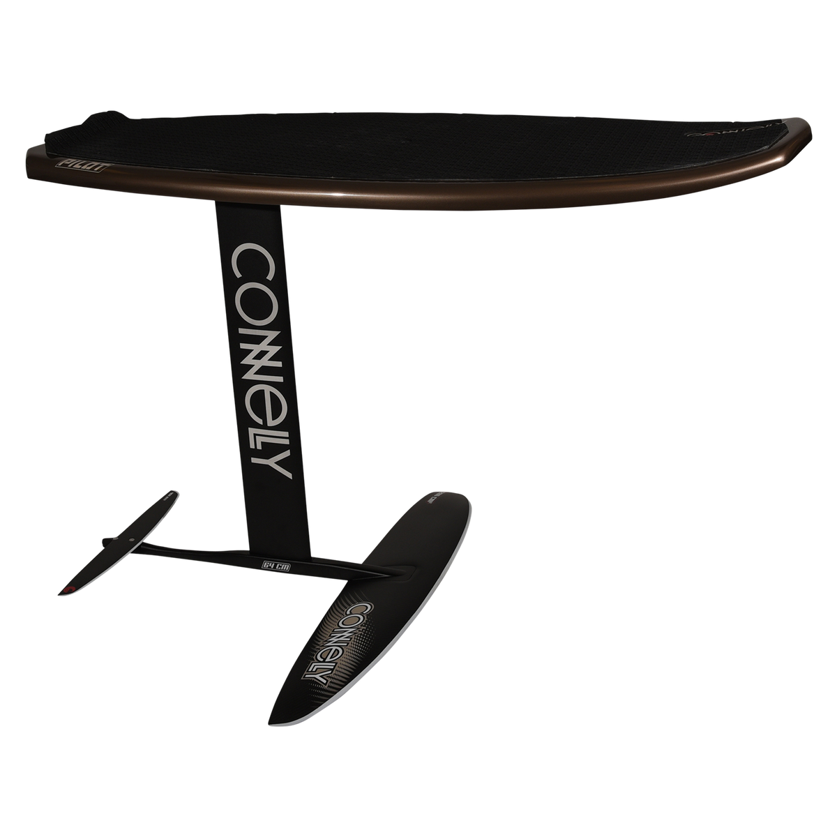 Side view of brown Pilot board with foil mounted, showing black Connelly-branded mast and wings.