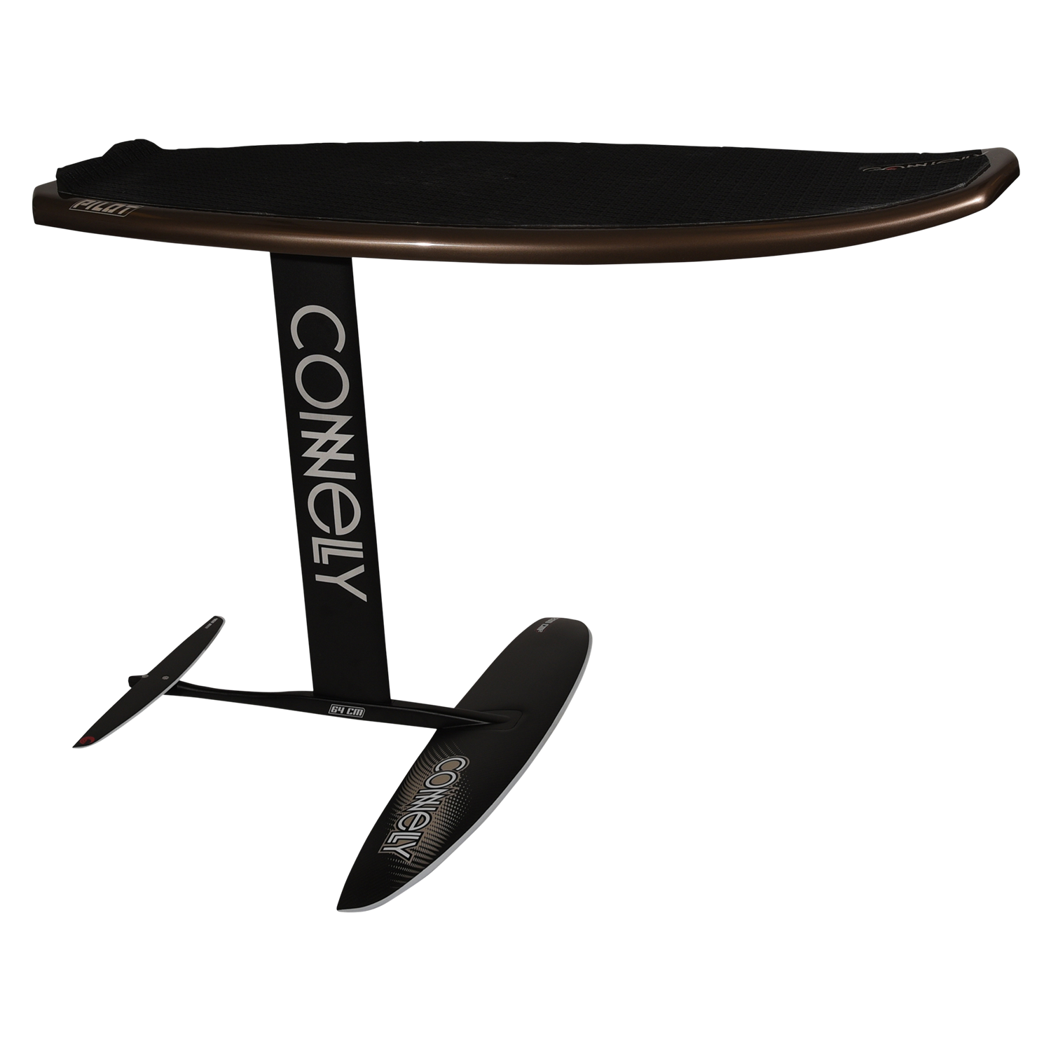 Side view of brown Pilot board with foil mounted, showing black Connelly-branded mast and wings.