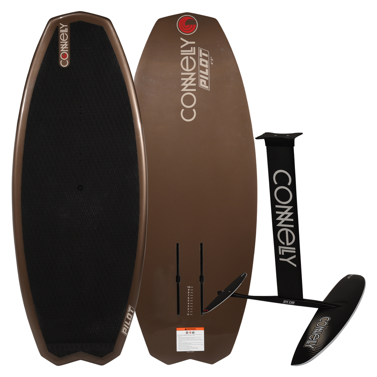 Top and bottom view of brown Pilot foil board with black deck pad and complete foil assembly.