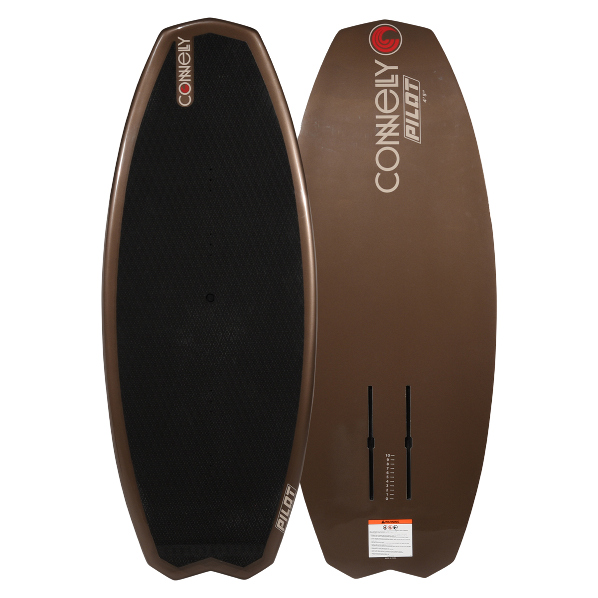 Top and bottom view of brown Pilot Foil Board with black traction pad and dual foil mount tracks.