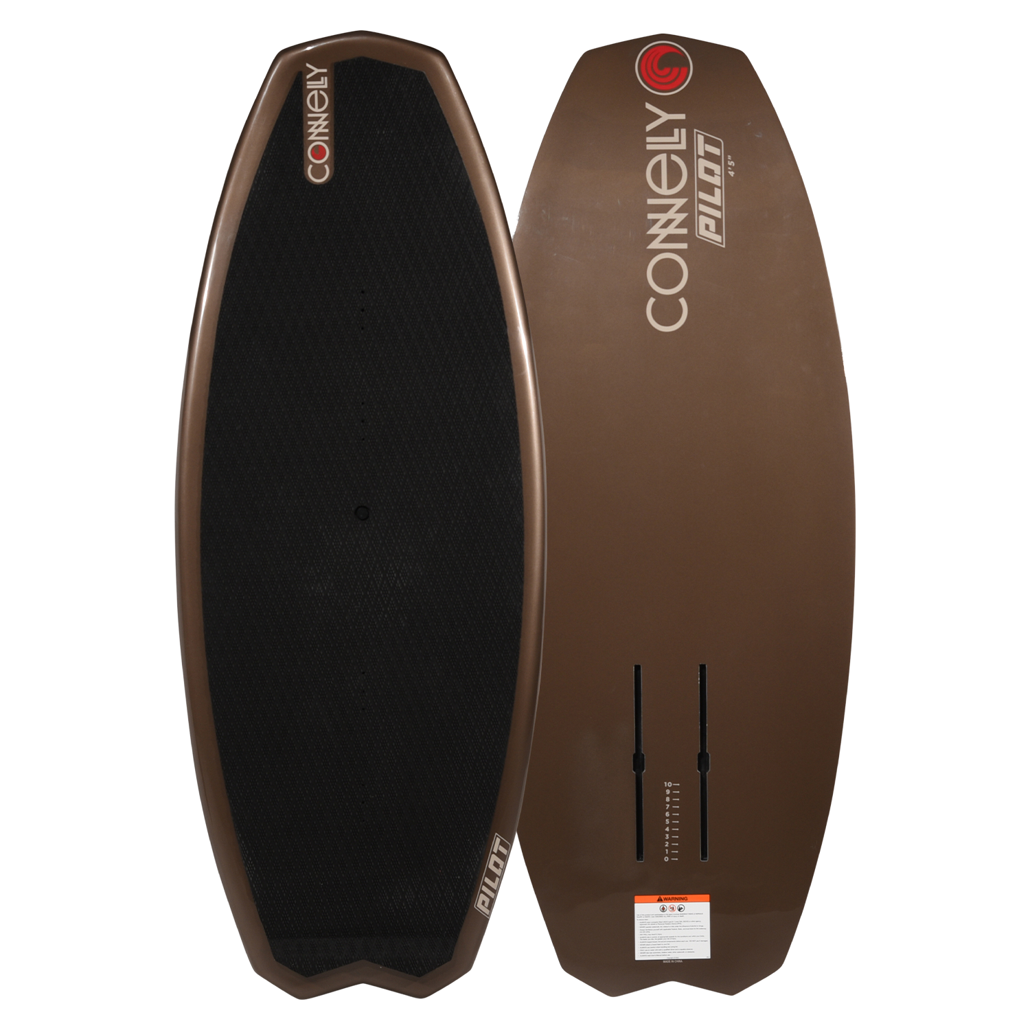 Top and bottom view of brown Pilot Foil Board with black traction pad and dual foil mount tracks.