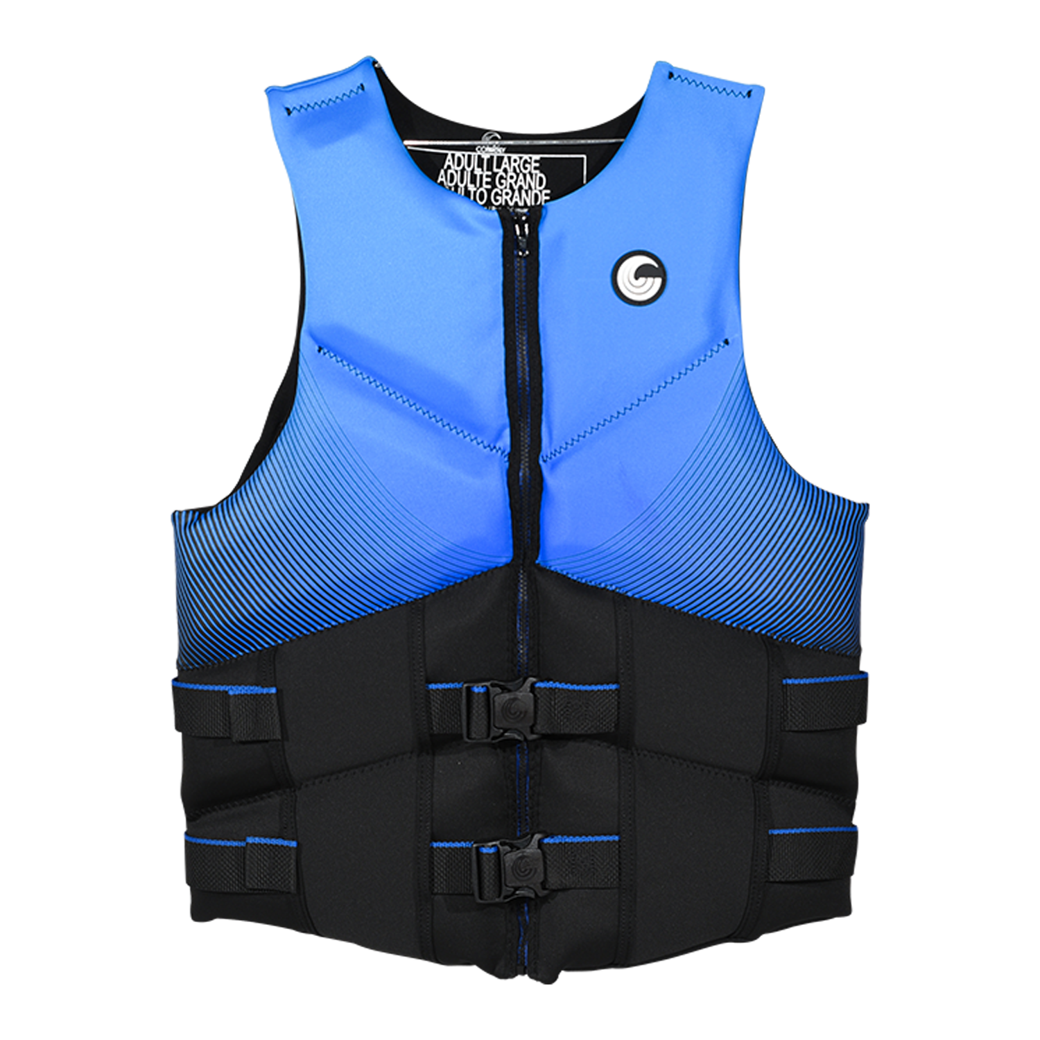 Front view of Men's Premium NEO vest in blue and black with zipper and dual buckle straps.
