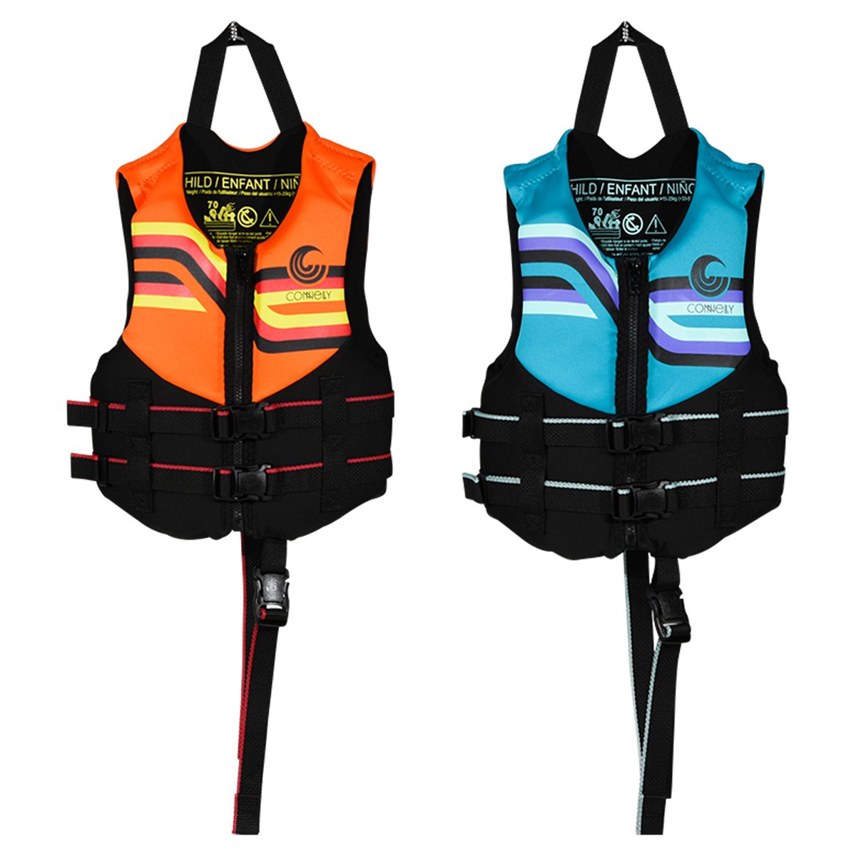 Front view of orange and blue Child Promo NEO life jackets with dual straps and safety leg loops.