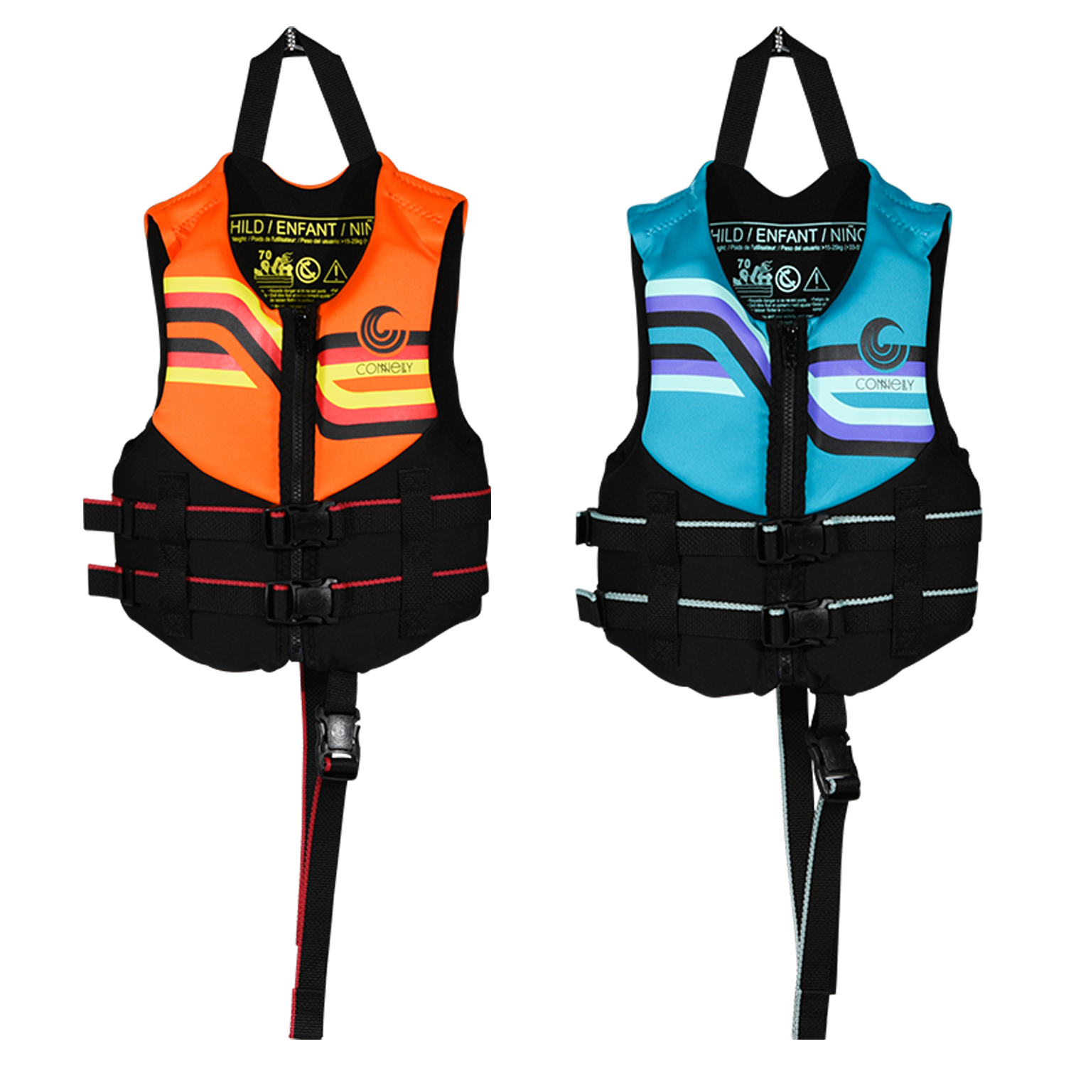 Front view of orange and blue Child Promo NEO life jackets with dual straps and safety leg loops.