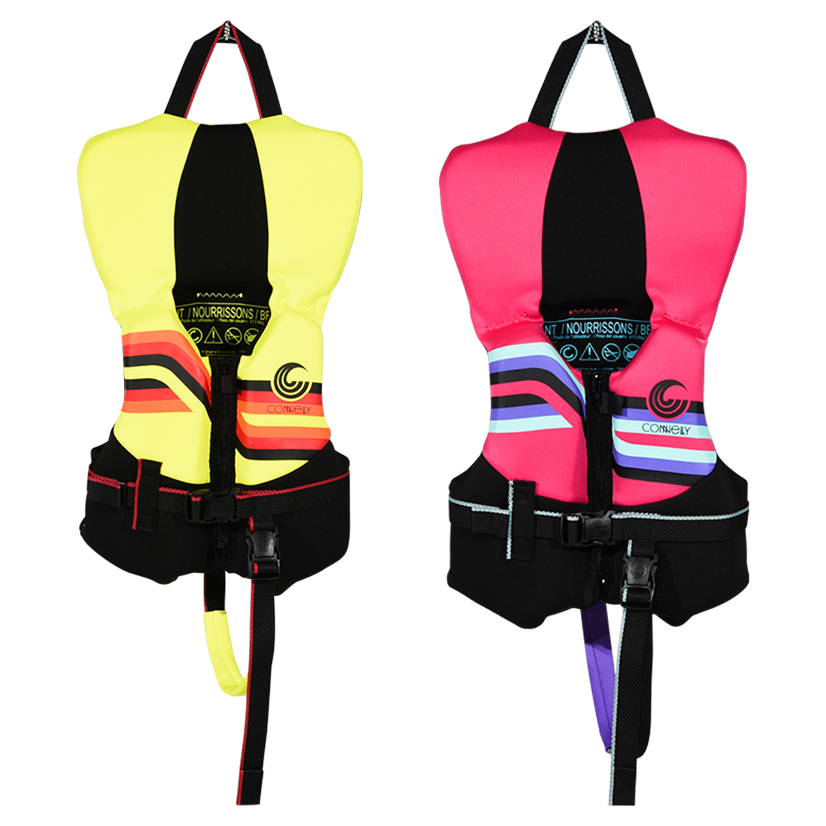 Front view of yellow and pink Infant Promo NEO life jackets with chest straps and leg loops.
