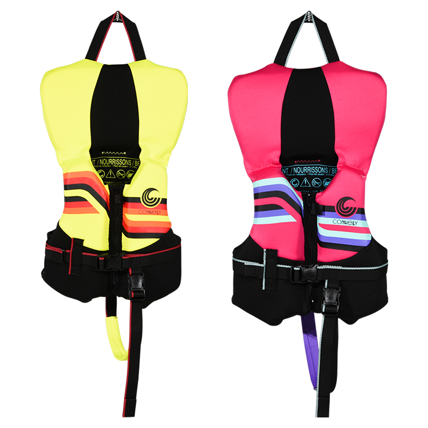Front view of yellow and pink Infant Promo NEO life jackets with chest straps and leg loops.