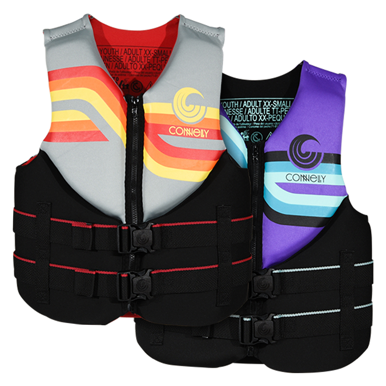 Front view of gray and purple Junior Promo NEO life jackets with zipper fronts and dual buckle straps.