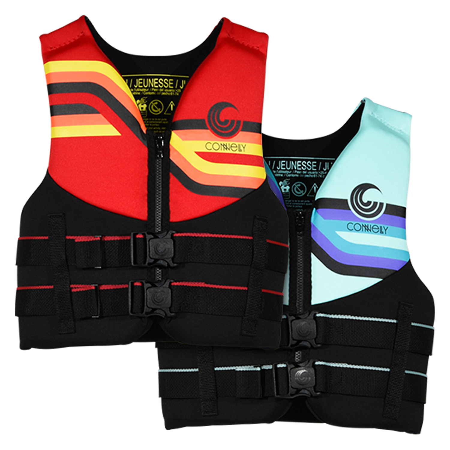 Front view of red and teal Youth Promo NEO life jackets with dual buckle straps and zipper fronts.