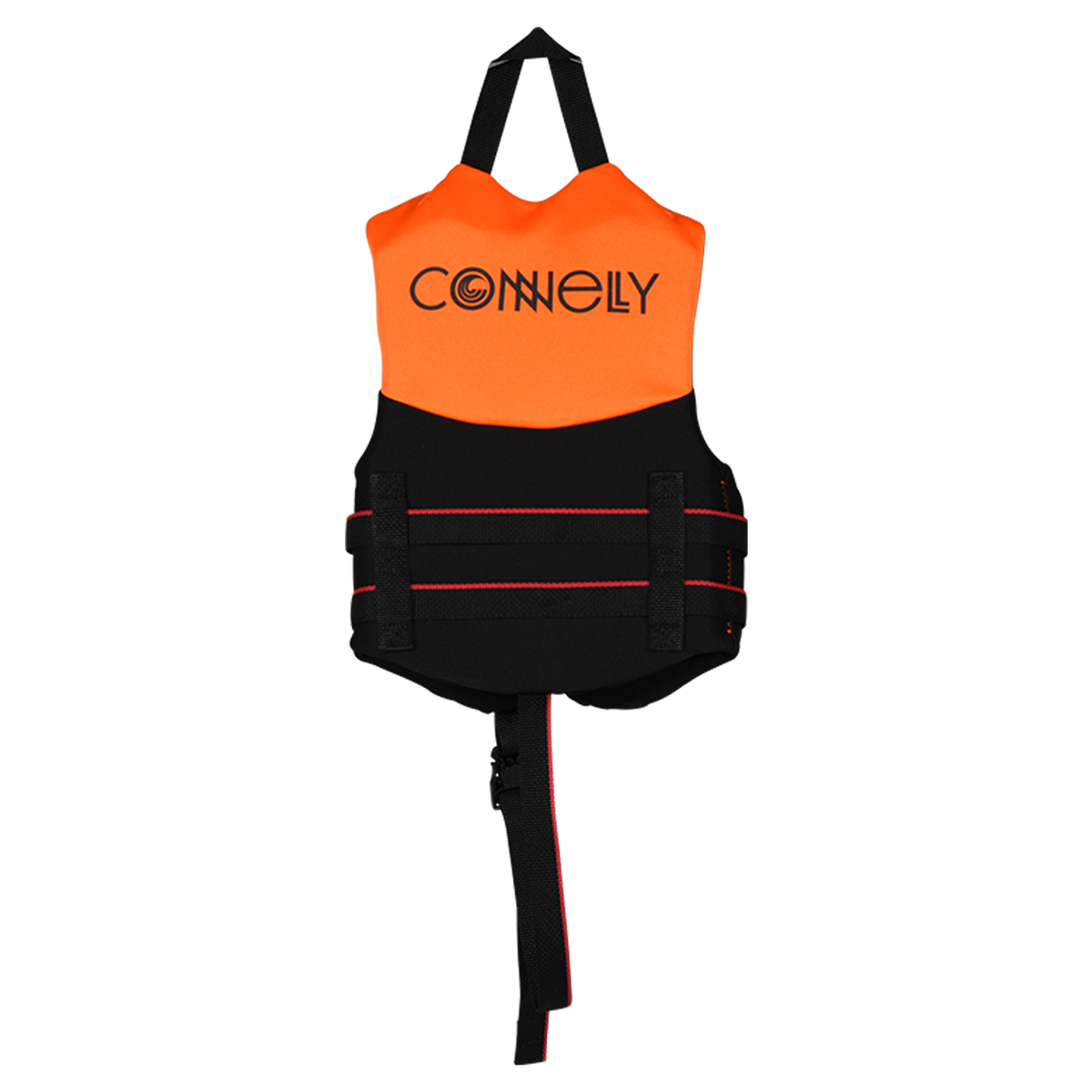 Back view of Child Promo NEO vest in orange and black with grab strap and bottom safety strap.