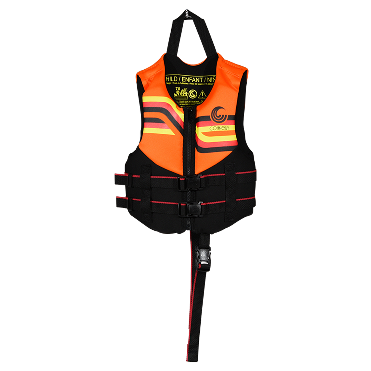 Front view of Child Promo NEO vest in orange and black with stripes, dual buckles, and safety strap.
