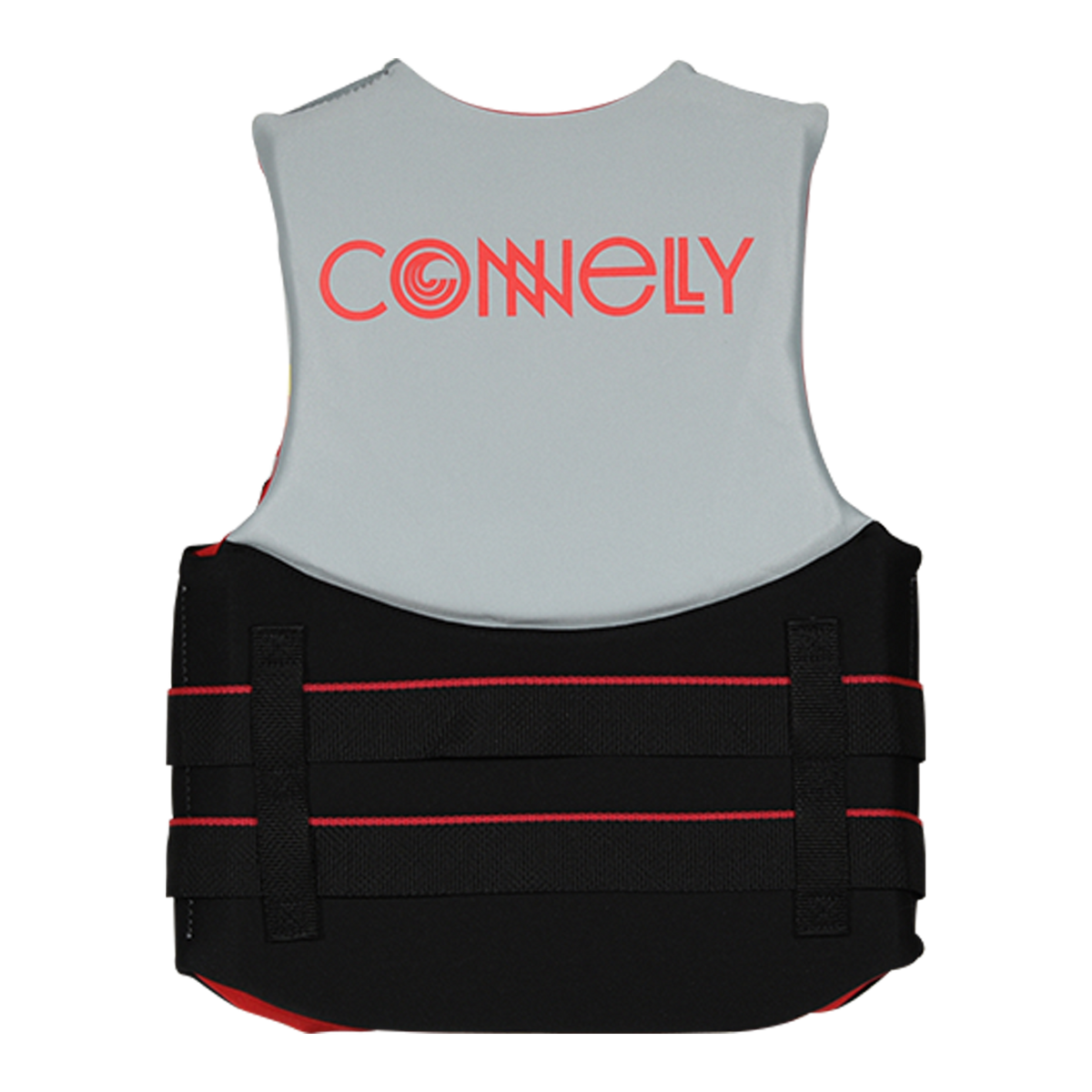 Back view of Junior Promo NEO vest in gray and black with horizontal straps and logo text.