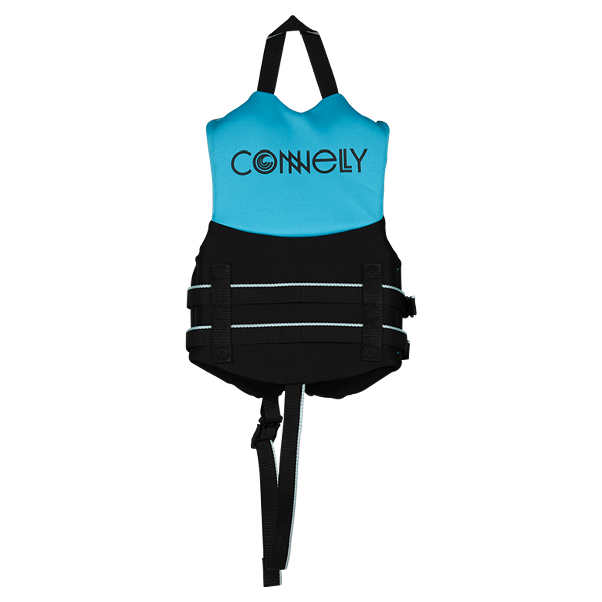 Back view of Child Promo NEO vest in teal and black with grab strap and bottom safety strap.