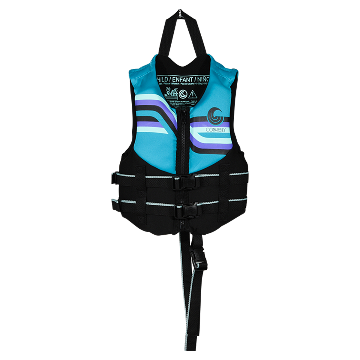 Front view of Child Promo NEO vest in teal and black with stripes, dual buckles, and safety strap.