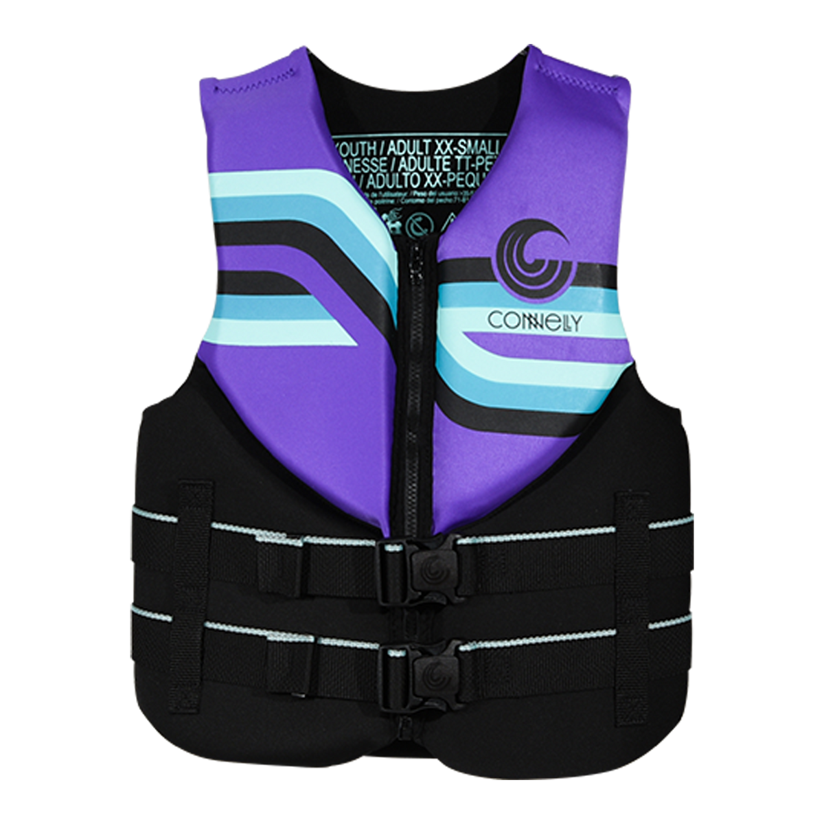 Front view of Junior Promo NEO vest in purple and black with blue and black stripes and buckles.