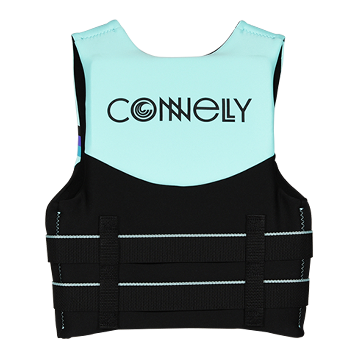 Back view of Youth Promo NEO vest in mint and black with horizontal straps and logo text.