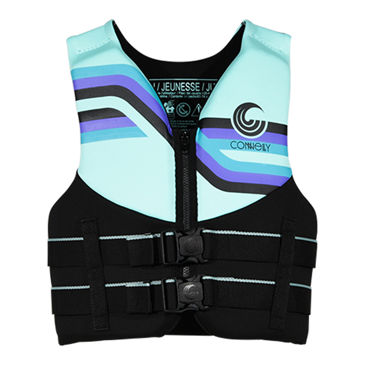 Front view of Youth Promo NEO vest in mint and black with blue and purple stripes and buckles.