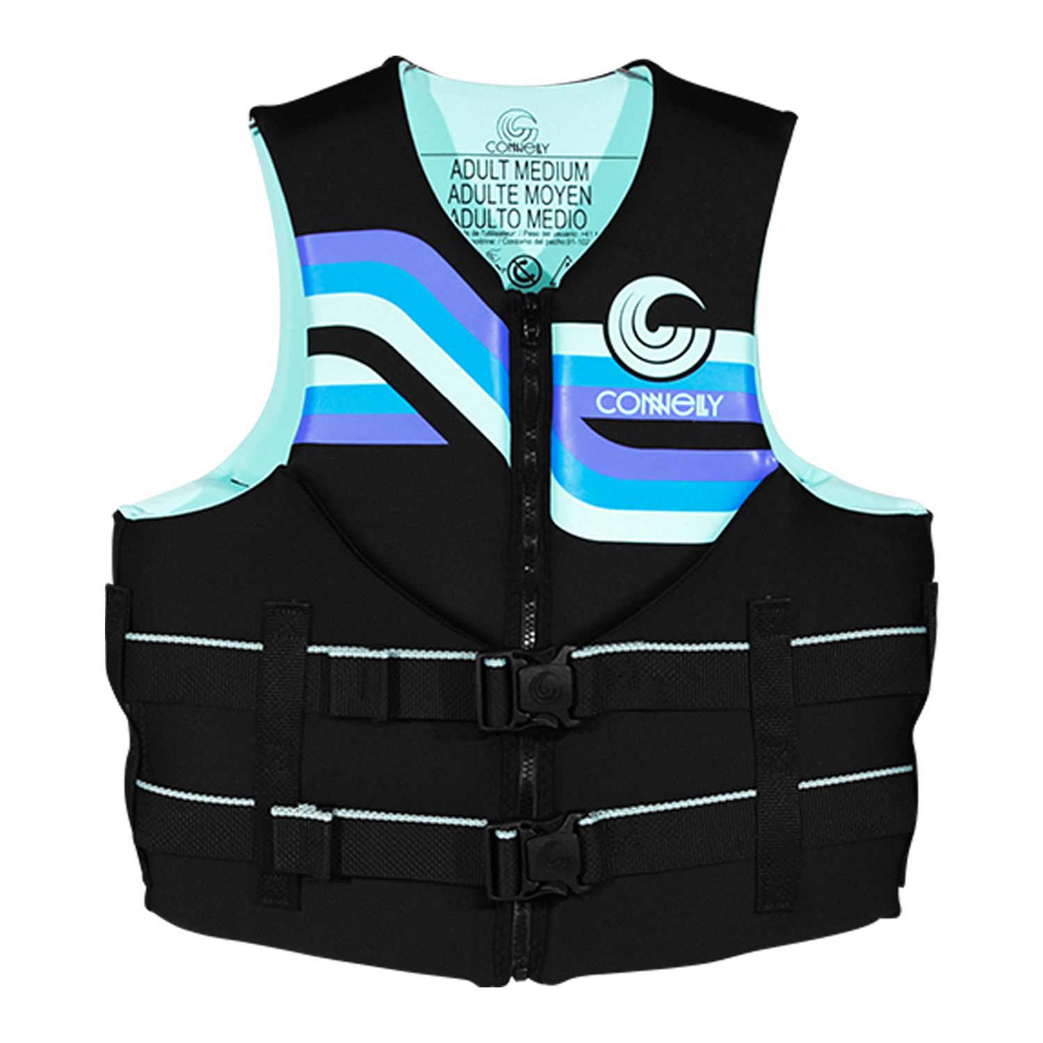 Front view of Women's Promo NEO vest in black with blue stripes and dual buckles.