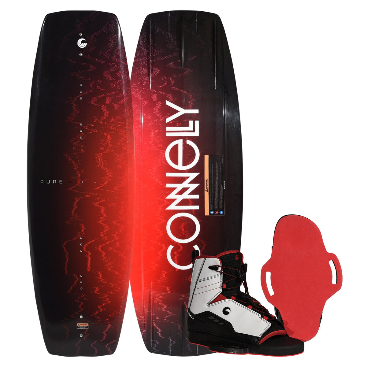 Top and bottom view of Pure wakeboard in black and red gradient with white and red Venza bindings.