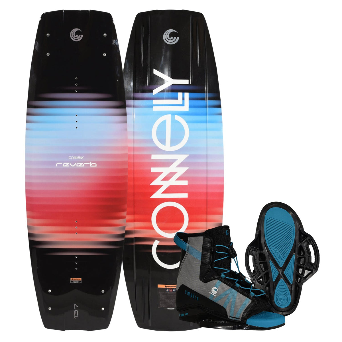 Top and bottom view of Reverb wakeboard in red and blue gradient with gray and blue Empire bindings.